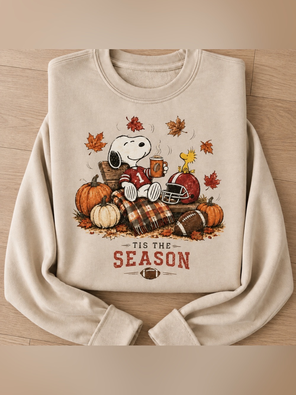 Peanuts Snoopy Woodstock Tis The Season Football Fall Autumn Pumpkins Sweatshirt